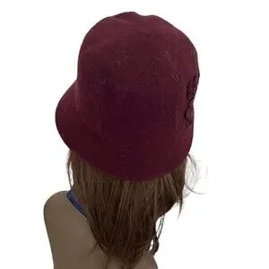 Nine West Elegant Women\'s Burgundy Cloche Hat With Floral Accents Nine West Red Cloche Hat with Floral Design 100% Wool BNWT  main image 2